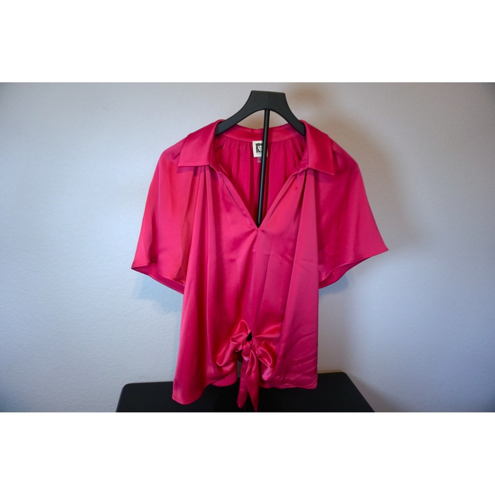 Anne Klein Pink Satin Short Sleeve Tie Front V-Neck Blouse Top 503M473Q817M L
